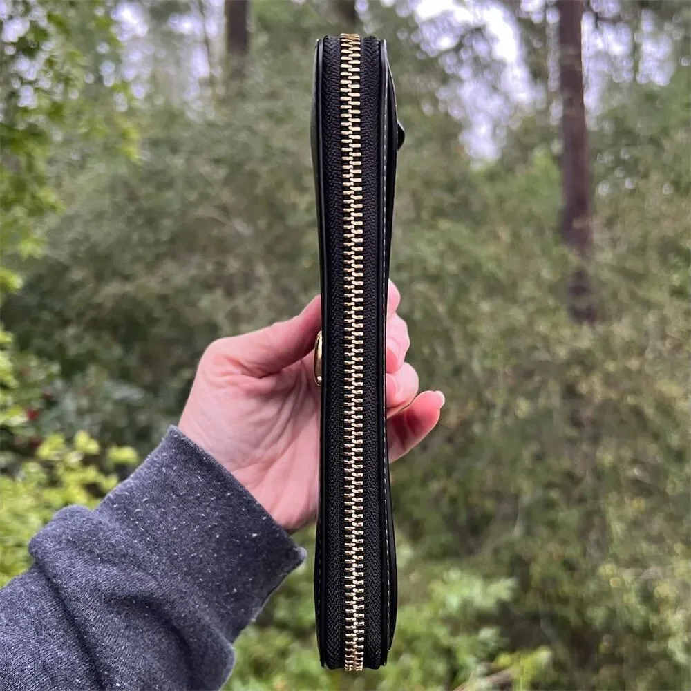 COACH Women's Essential Slim Accordion Zip Wallet Smooth BLACK Leather w Gold - Picture 7 of 8